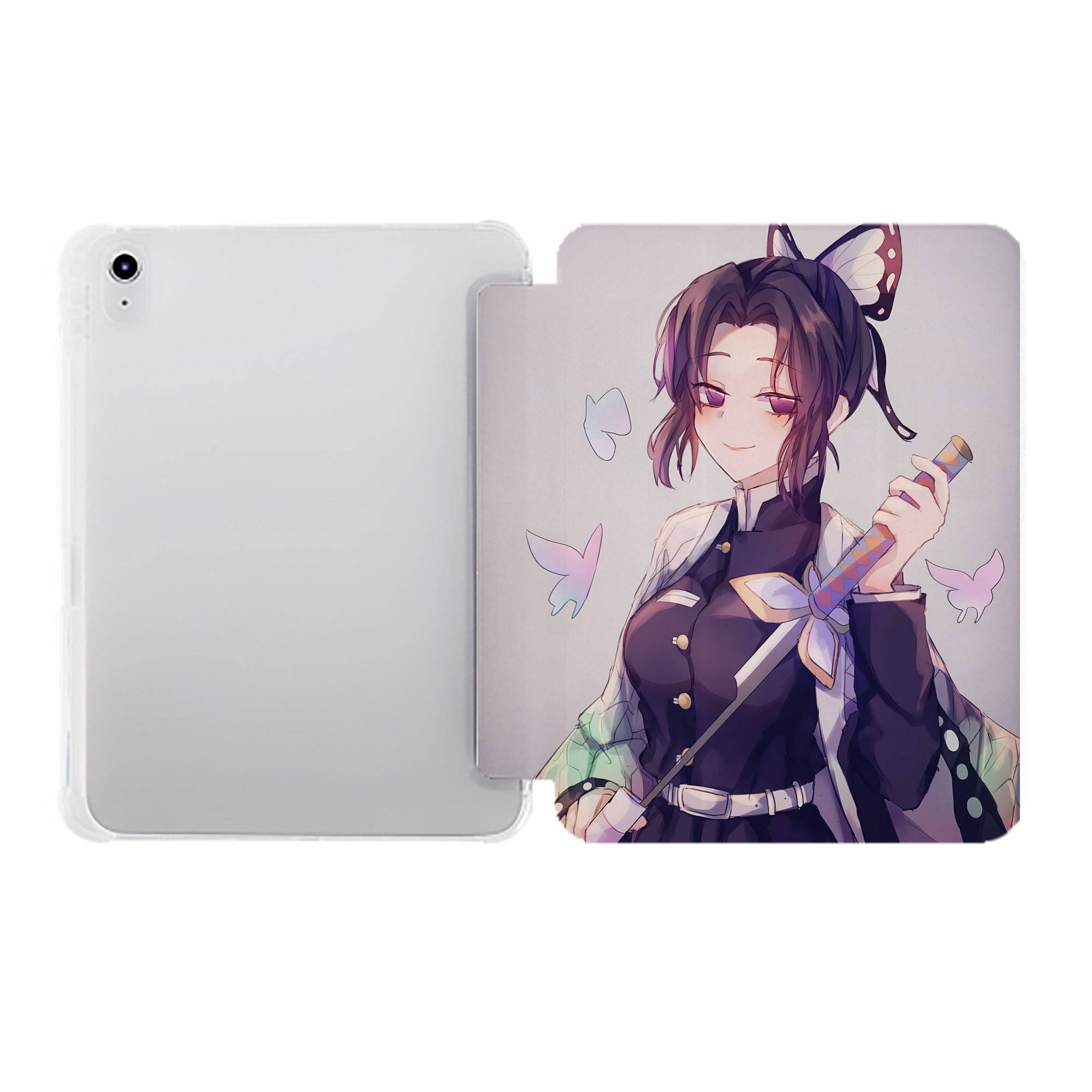 （画像用） 鬼滅の刃（きめつのやいば）蟲柱-胡蝶 しのぶ／こちょう しのぶ Kochou Shinobu IPad ケース ペン収納付き 三つ折りスタンド PUレザー×シリコン 対応機種9.5/10.5/10.9インチ